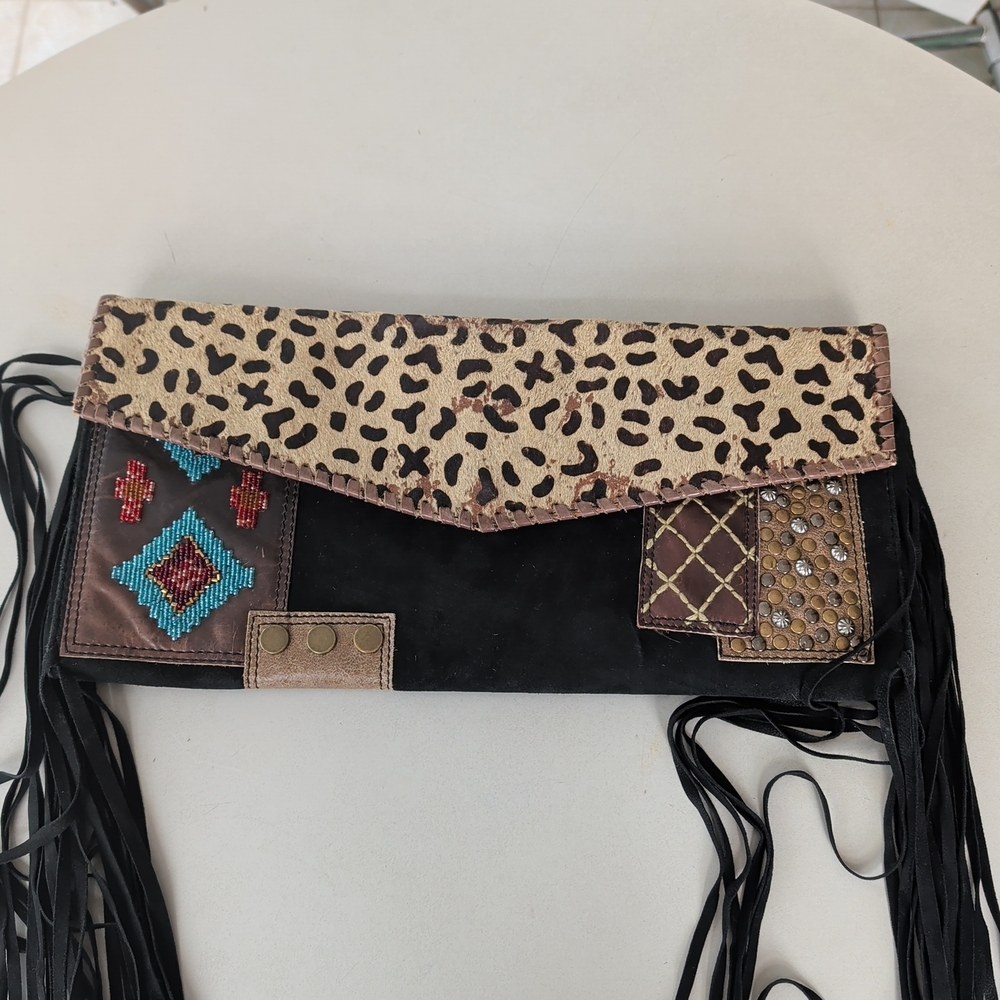 Double D Ranch Black Fringe Clutch with Leopard-Flap and Turquoise Accents - Picture 2 of 13